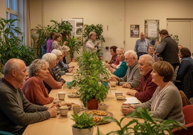 Bewoners van Spijkenisse aan lange tafels tijdens een buurtbijeenkomst met planten en koffie