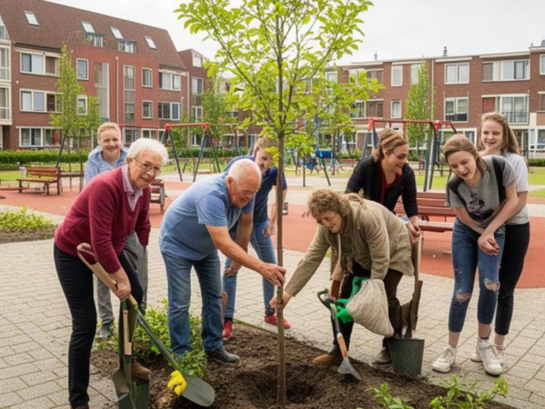 Bewoners planten jonge bomen naast een speelplek in een woonwijk van Spijkenisse