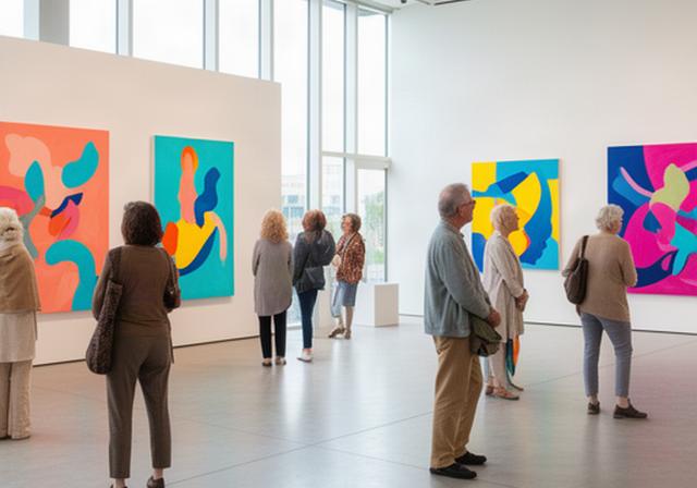 Bezoekers bekijken kleurrijke kunstwerken in een lichte expositieruimte in Nissewaard