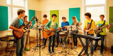 Jongeren oefenen samen muziek in een lichte repetitieruimte in Nissewaard