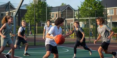 Jongeren spelen basketbal op een sportplein in Spijkenisse tijdens de middag