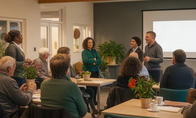Buurtcentrum in De Akkers met bezoekers bij een informatieavond in de ontmoetingsruimte