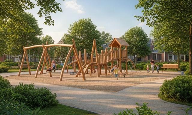 Kindvriendelijke speelplek in De Akkers met houten toestellen en groen rondom