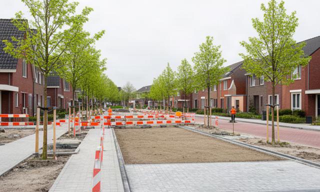 Werkzaamheden aan een woonstraat in De Akkers met afgezet trottoir en jonge bomen