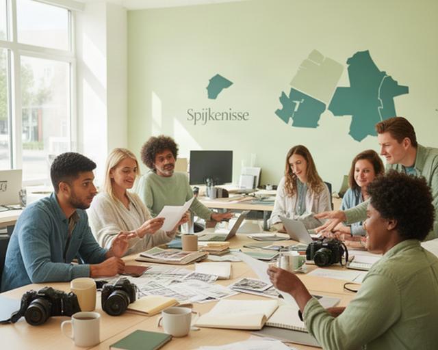 Redactieleden aan het werk in een lichte nieuwsruimte met kaarten van Spijkenisse aan de muur