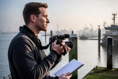 Redacteur Afeez Kanani bij de haven van Spijkenisse met een camera en verslaggeversnotitie