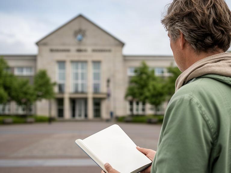 Redacteur met notitieboek bij het gemeentehuis van Nissewaard