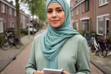 Redacteur Hìjåb Parveen in een straat van Spijkenisse met notitieboek en perskaart