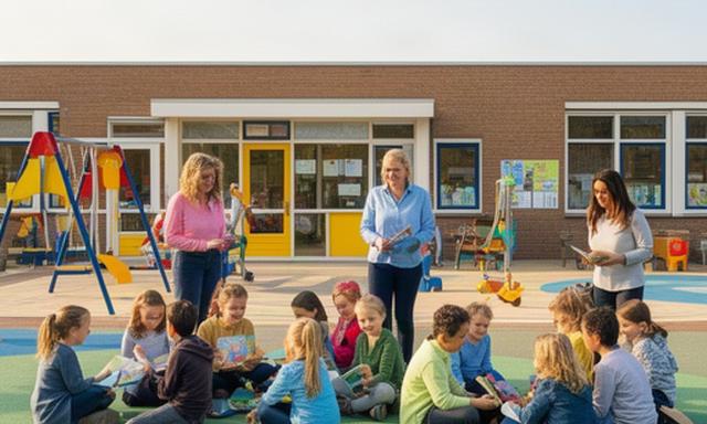 Leerlingen en begeleiders op het schoolplein van een basisschool in Nissewaard