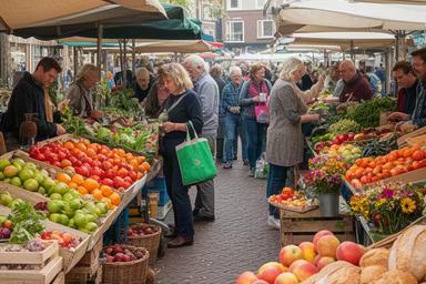 Kramen met streekproducten op de zaterdagmarkt in het centrum van Spijkenisse
