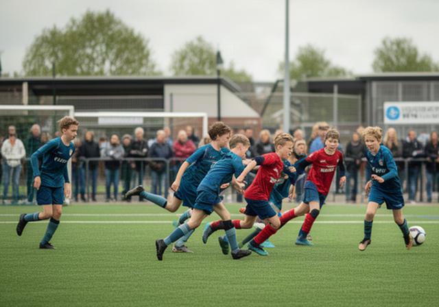 Voetballers op een lokaal sportveld in Spijkenisse tijdens een wedstrijd met publiek langs de lijn