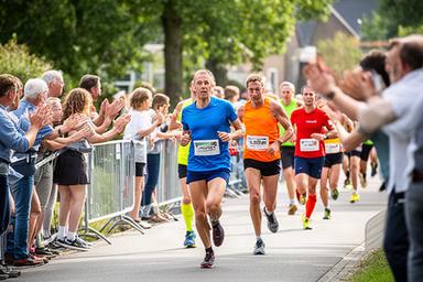 Hardlopers passeren supporters langs een route in Voorne-Putten