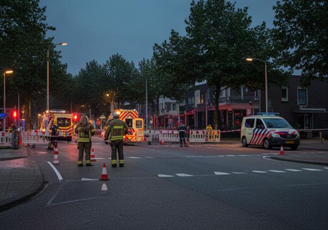Hulpdiensten bij een afgezet kruispunt in Spijkenisse tijdens een avondmelding