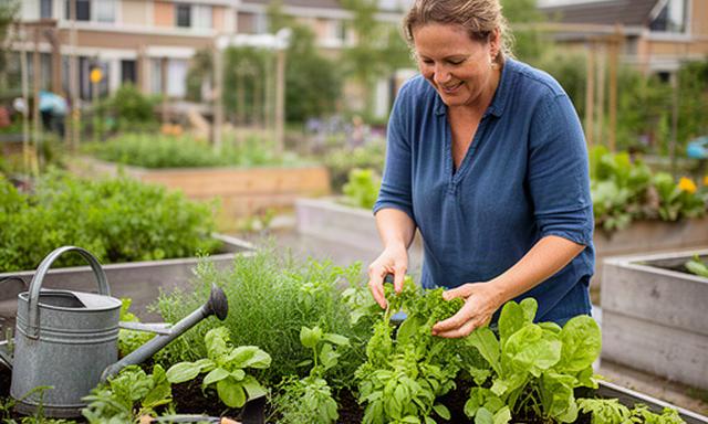Vrijwilliger verzorgt planten in een gezamenlijke buurtmoestuin in Spijkenisse