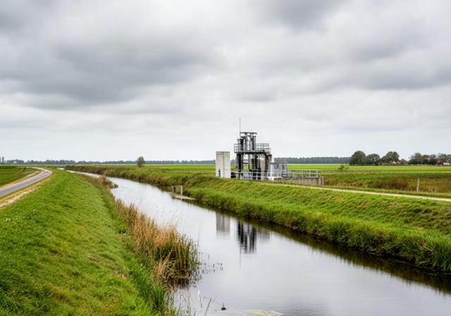 Waterrijk poldergebied bij Nissewaard met dijk, sloot en gemaal onder een bewolkte lucht