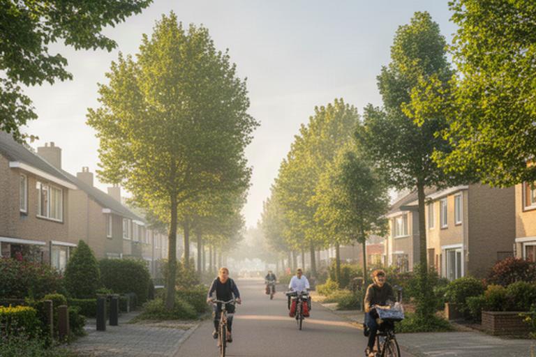 Straatbeeld van Spijkenisse met fietsers, bomen en woningen in zacht ochtendlicht