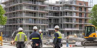 Bouwvakkers werken aan een nieuw appartementencomplex nabij het centrum van Spijkenisse