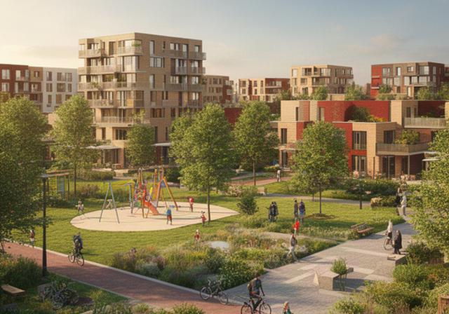 Artistieke impressie van een groene woonbuurt met appartementen en speelruimte in Spijkenisse