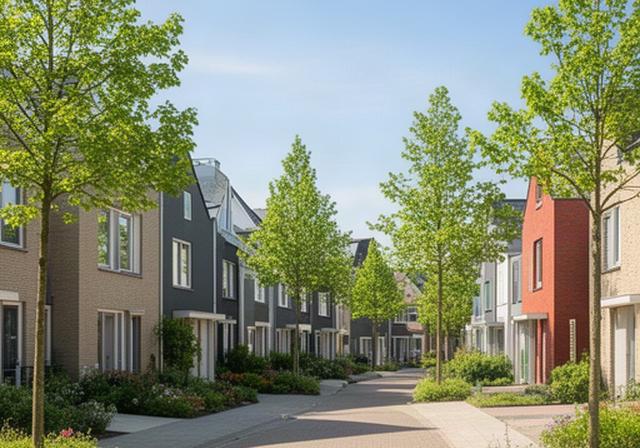 Nieuwe rijwoningen met jonge bomen langs een straat in Spijkenisse bij helder daglicht