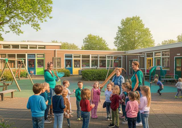 Kinderen en begeleiders op het plein van een basisschool in Spijkenisse op een heldere ochtend